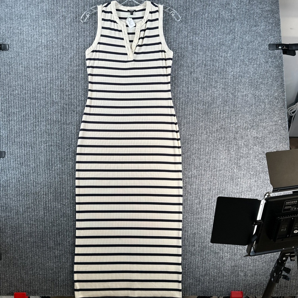 Express Womens Striped Ribbed Knit Henley Maxi Dress Navy Cream Size S